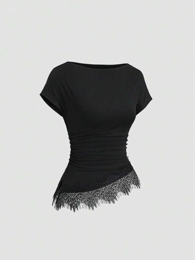 black pleated asymmetrical hem contrast lace top