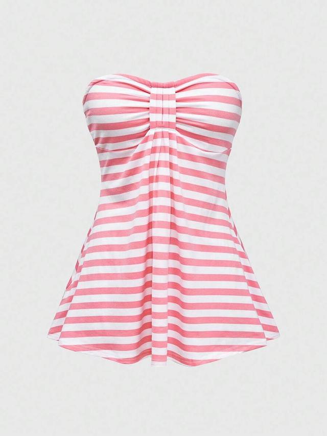 pink and white striped fitted strapless crop top