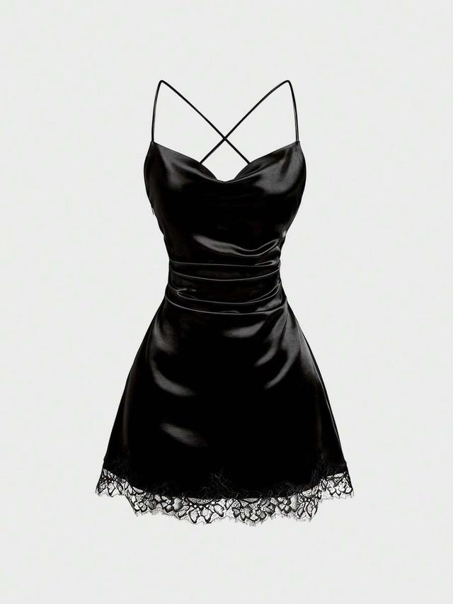 satin contrast lace mini dress in coffee