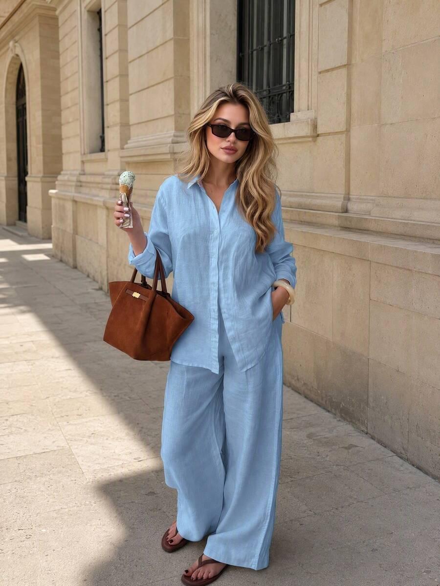 light blue linen blend wide leg trousers