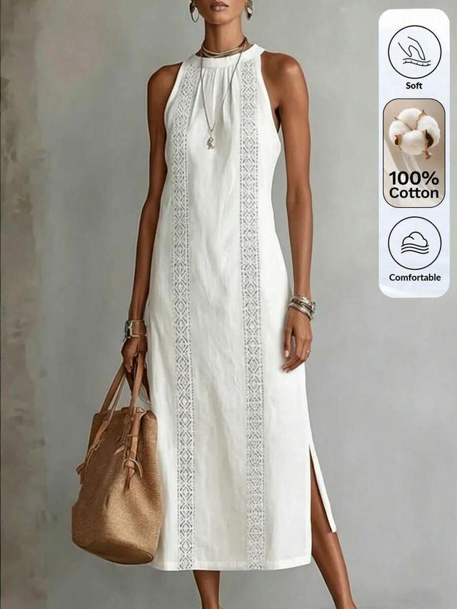 white linen midi dress with geometric embroidery