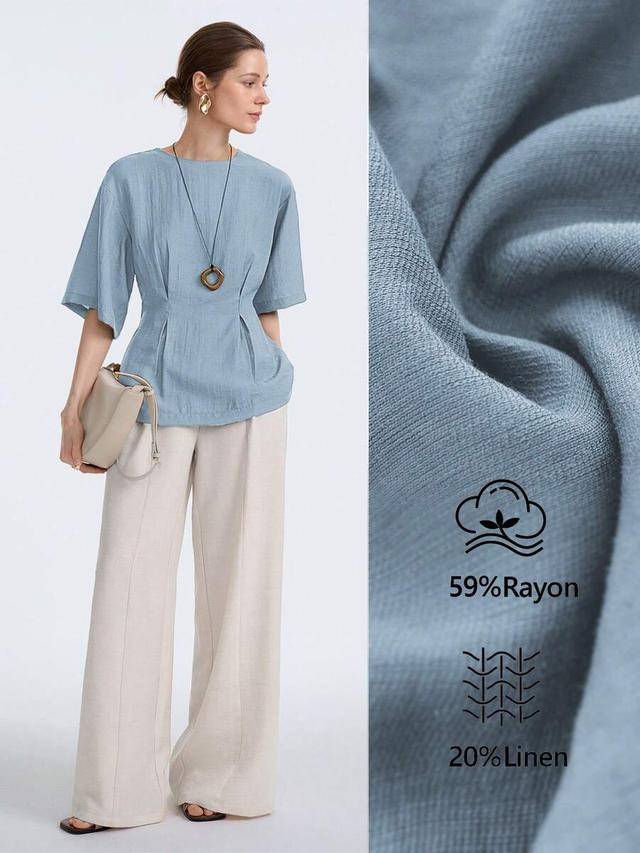 dusty blue linen blend ruched waist short sleeve blouse