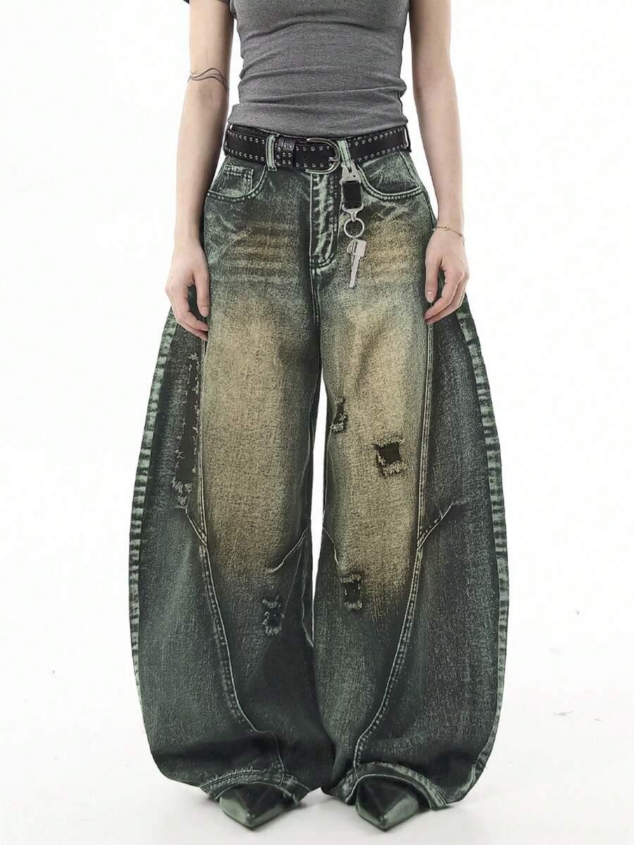 distressed vintage wash wide leg denim jeans