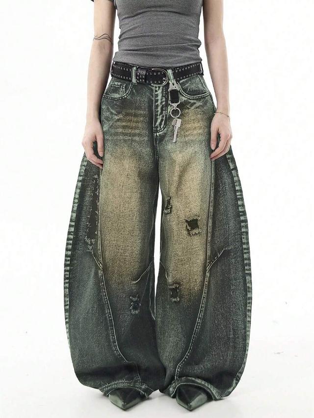 distressed vintage wash wide leg denim jeans