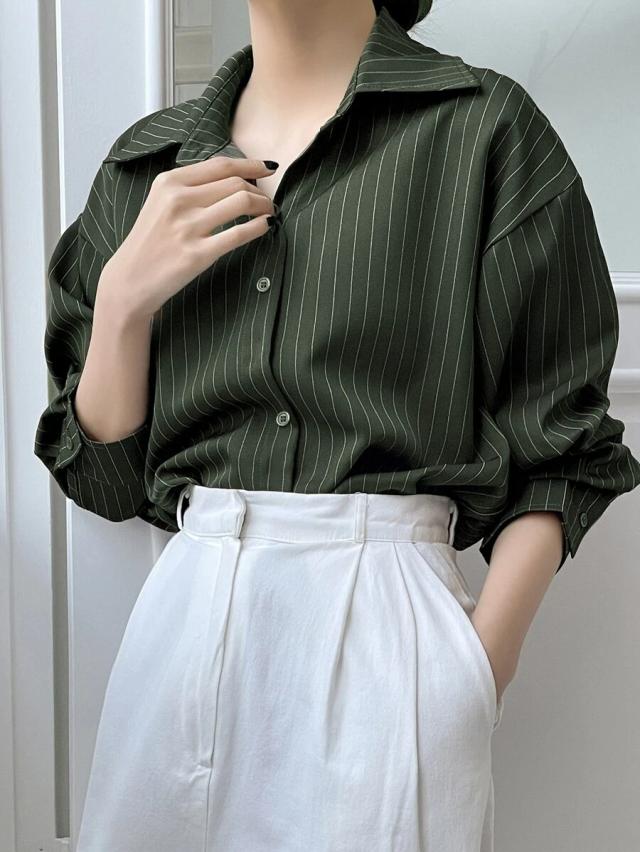 dark green pinstripe long sleeve button down shirt