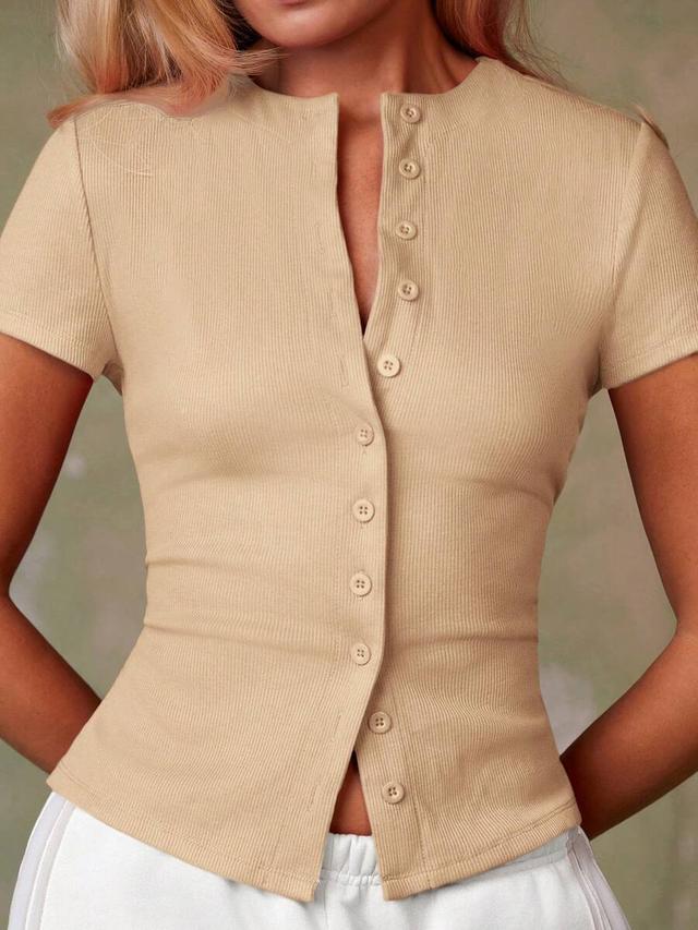 beige ribbed short sleeve button-down cardigan