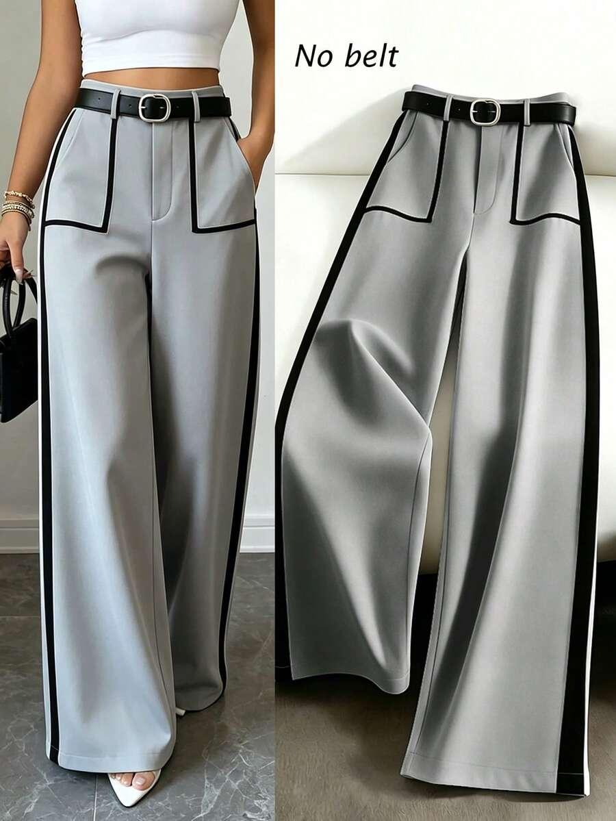 grey wide leg straight trousers with black side stripe