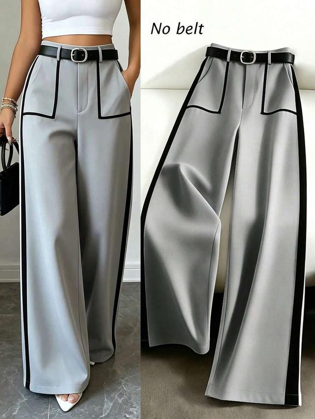 grey wide leg straight trousers with black side stripe