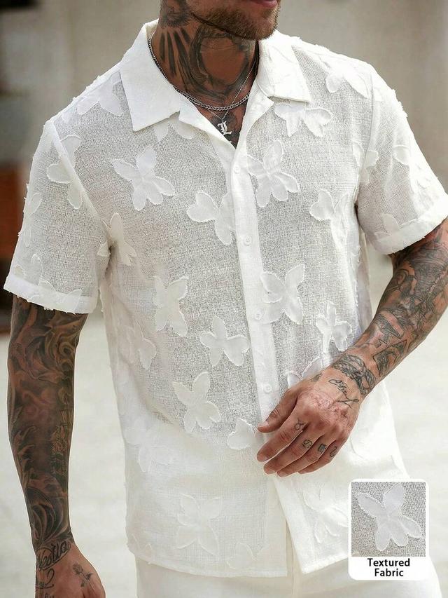 men's white textured butterfly print casual shirt