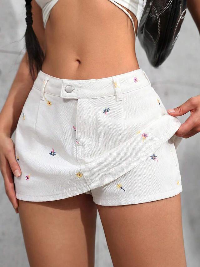 white floral embroidered denim skort
