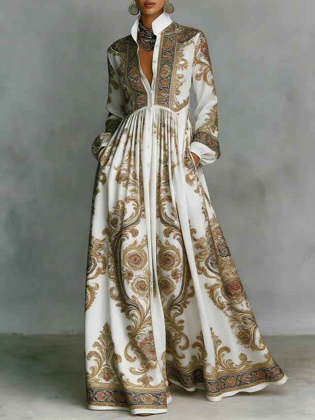 gold print baroque print button-down maxi dress
