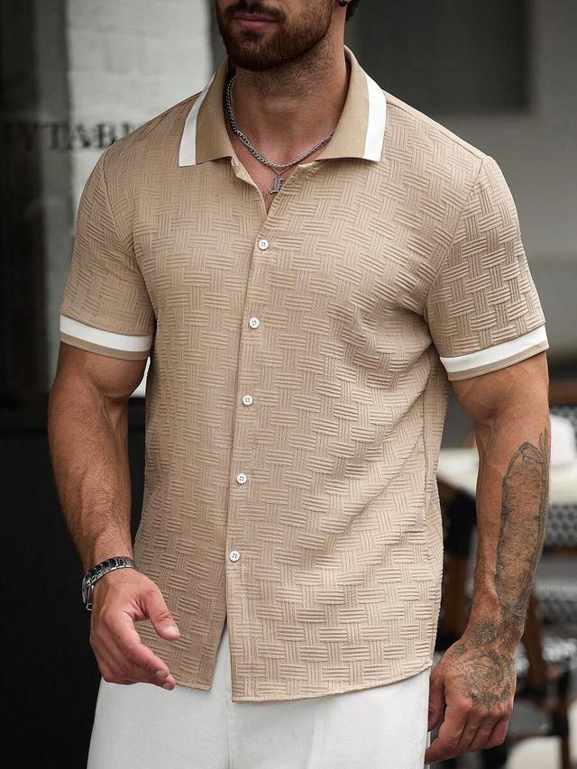 beige textured knit short sleeve polo shirt