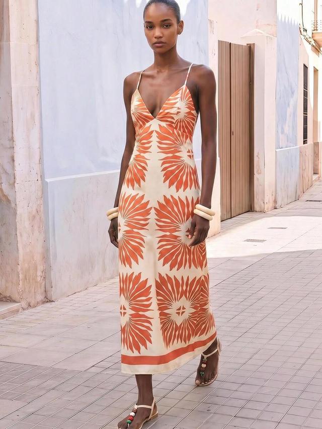 printed cream and orange silk slip dress