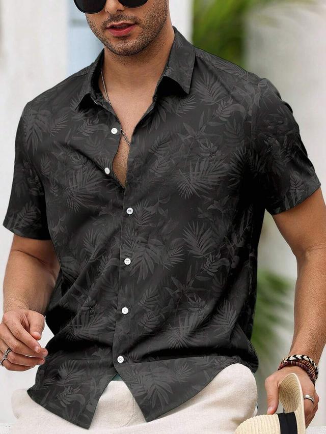 black tropical leaf print short sleeve button-down shirt
