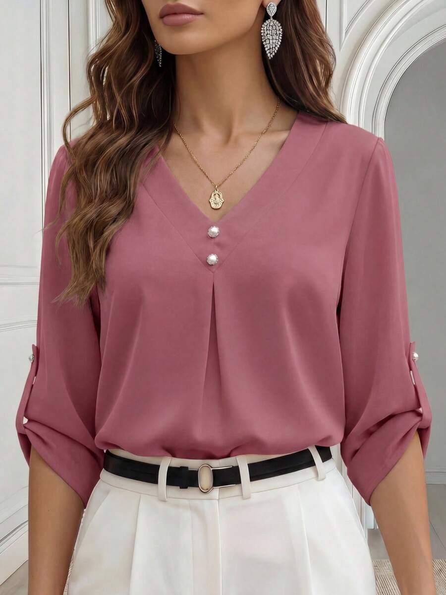 medorina women's elegant v-neck dusty pink blouse