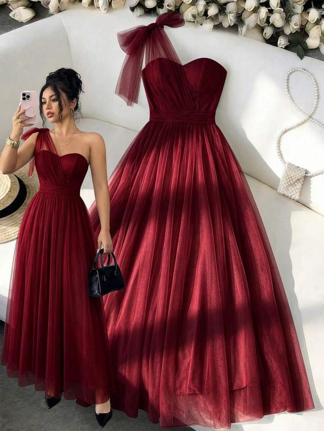 burgundy one-shoulder tulle pleated evening gown