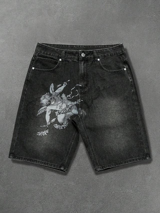 black denim shorts with gothic angel print