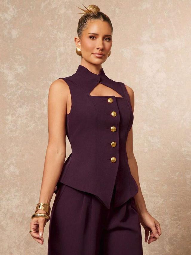 dark purple high collar asymmetric buttoned vest top