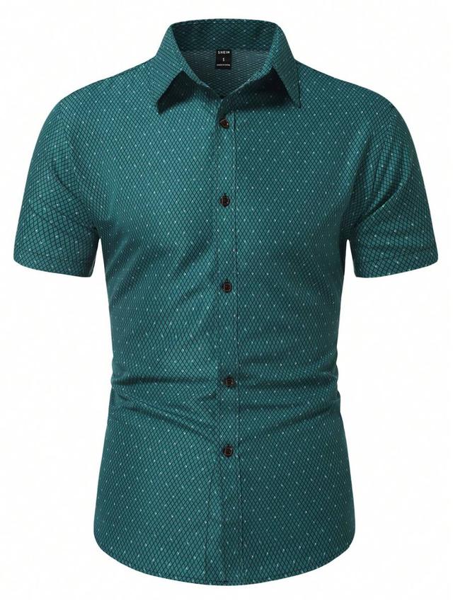 dark green diamond print short sleeve formal shirt