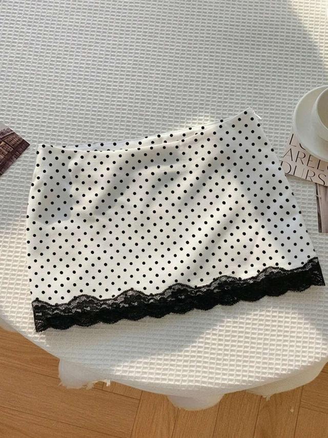 white and black polka dot lace trim mini skirt