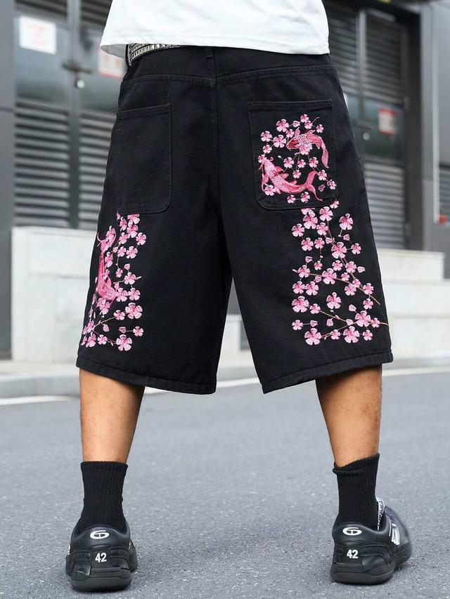 embroidered black denim street style casual shorts