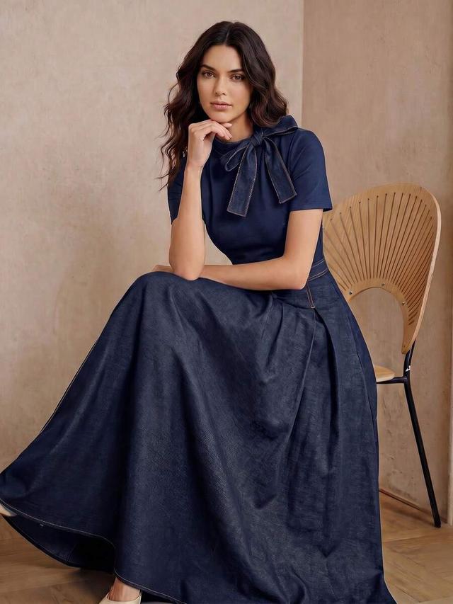 anewsta navy blue woven fabric splice bow dress