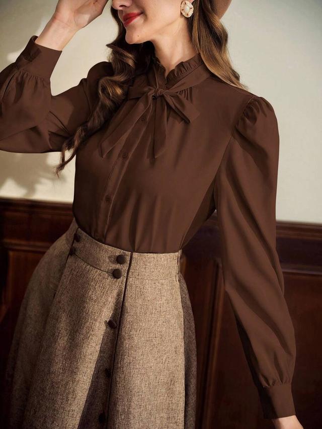 vintamour coffee brown elegant ruffle collar blouse