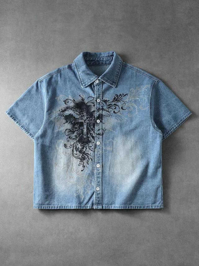 men's heavyweight washed denim short sleeve shirt