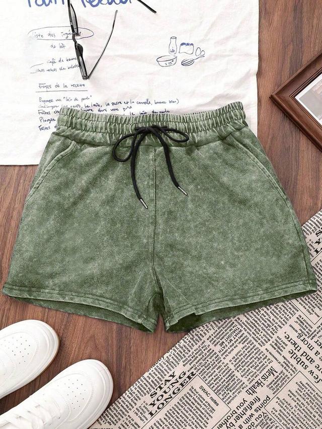 women's casual washed green elastic waist shorts