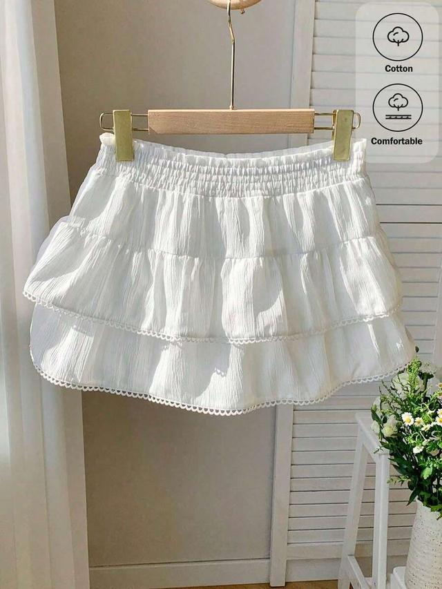 white woven elastic waist ruffle hem a-line skort