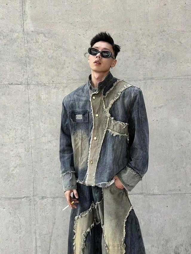 small niche wasteland style washed denim patchwork jacket