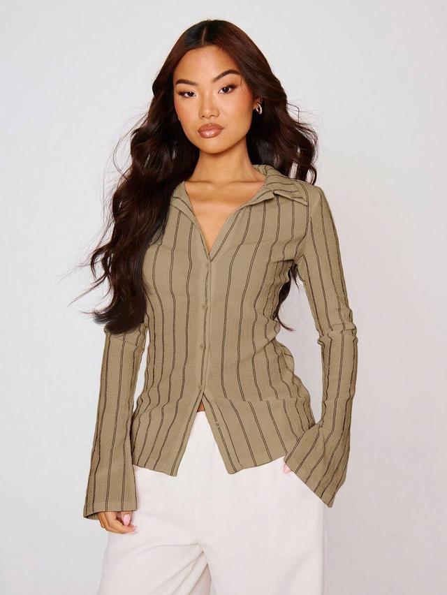 musera fitted olive green stripe long sleeve button shirt