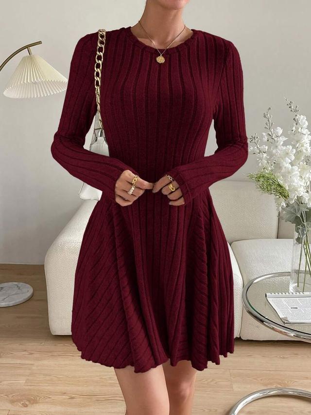 burgundy ribbed knit long sleeve skater dress