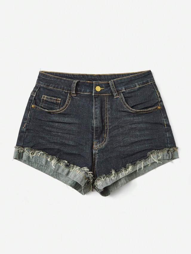 dark wash denim shorts with frayed raw hem