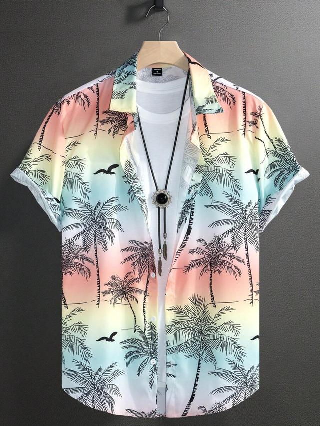 colorful tropical palm tree printed short sleeve shirt