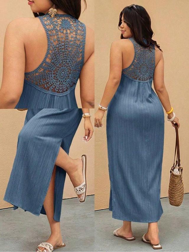 plus size casual vacation lace patchwork split dress