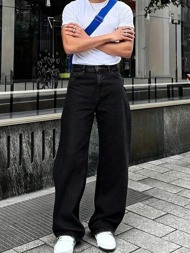 men's fashion retro loose wide leg black jeans
