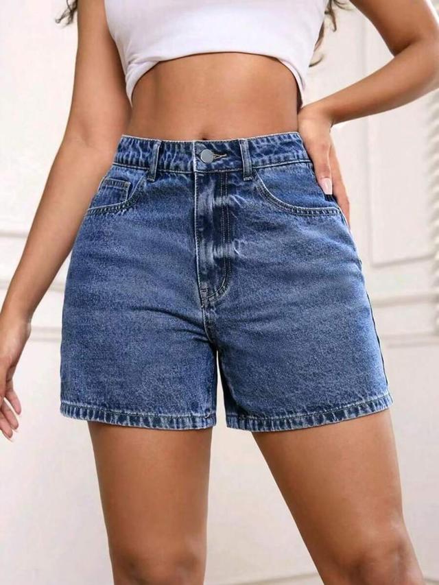 high waisted medium wash denim shorts