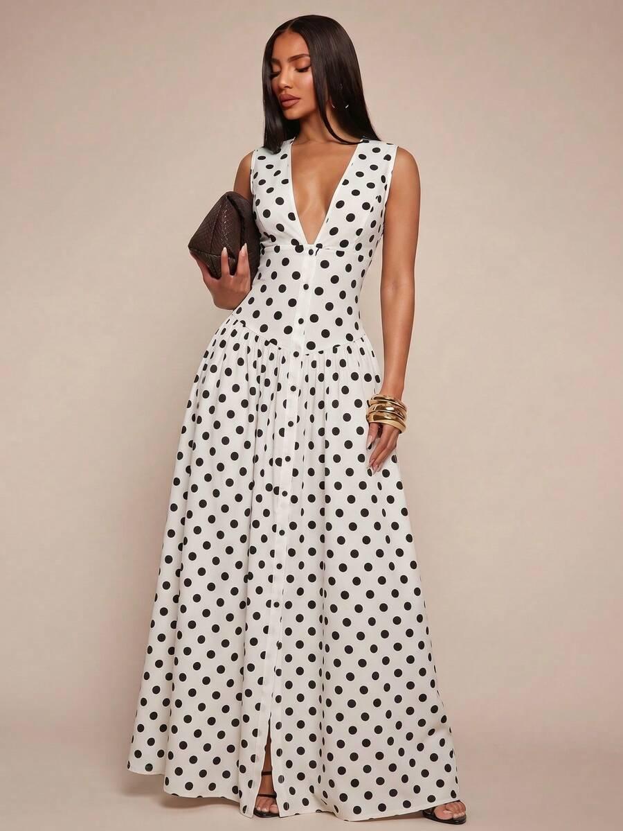 white and black polka dot sleeveless maxi dress