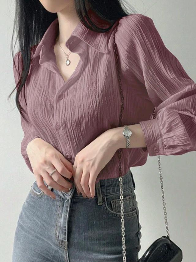 dazy women's pleated solid color loose turndown collar blouse