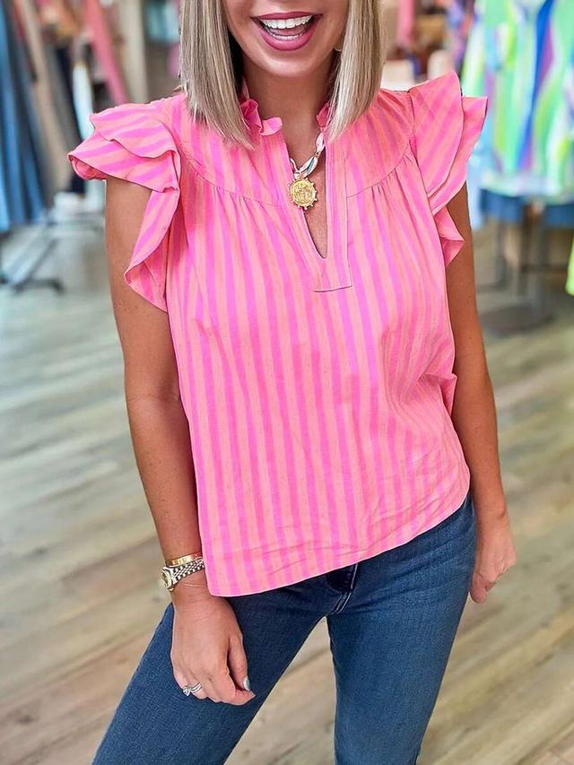 pink striped pleated sleeveless loose v-neck top