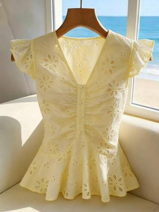 yellow embroidered hollow-out peplum vacation shirt