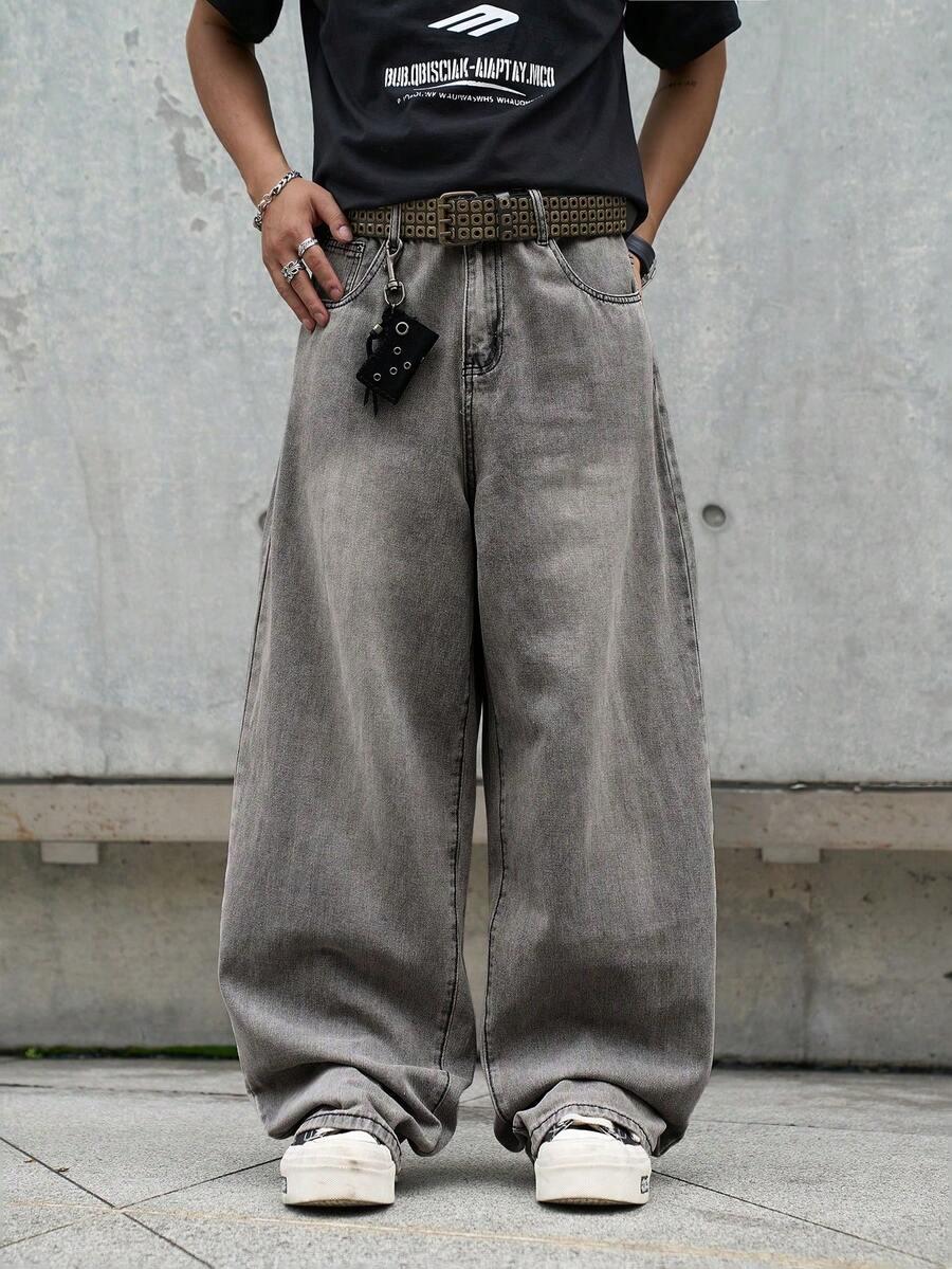 manfinity hypemode grey washed denim wide leg jeans