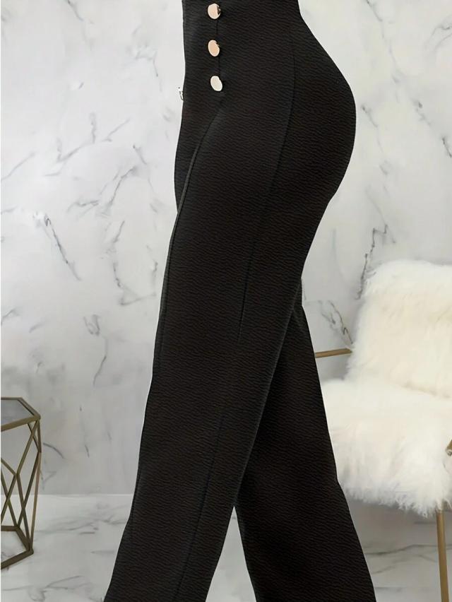 high-waist black knit straight leg trousers with buttons