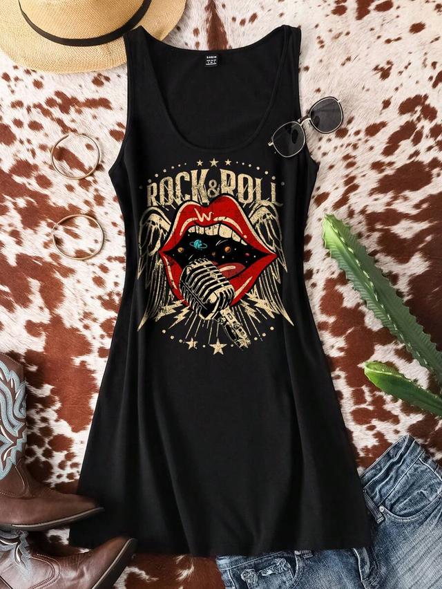 attitoon retro rock lips graphic sleeveless black dress