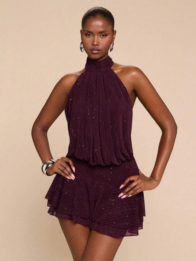 purple-red halter neck ruffle hem mini dress