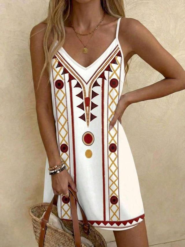 white boho printed casual summer mini dress