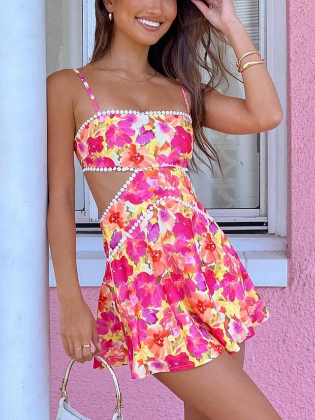 floral print cut out mini cami slip dress
