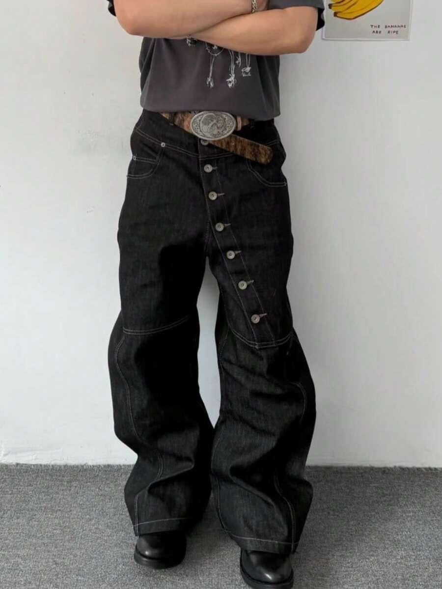 american style curved long breasted design wide leg jeans