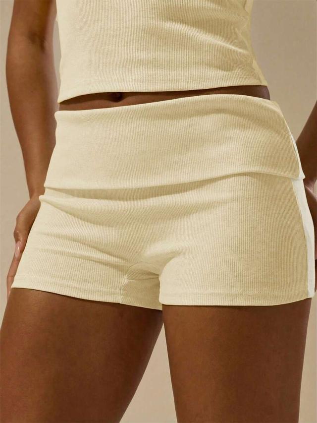 ribbed fold over waist mini shorts in cream